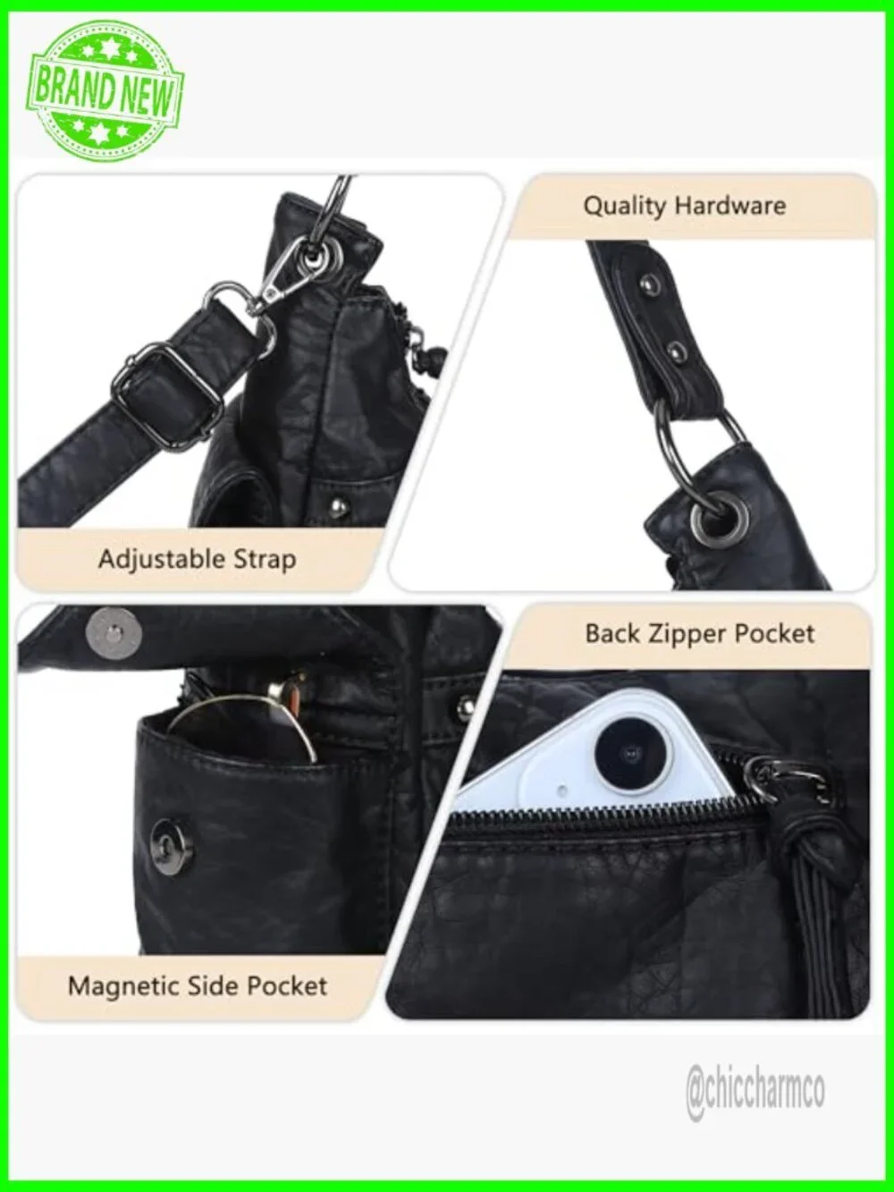 Vegan Leather Hobo Bag with Removable Strap, Multi-Pocket Shoulder Tote